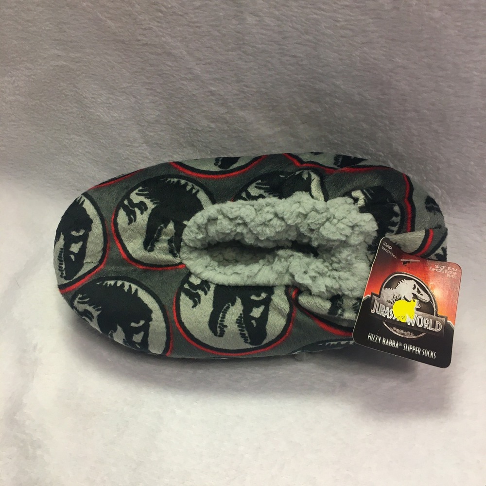 Jurassic World Slipper Socks Kids M/L 13/1 Grey New Fuzzy Babba Dinosaur Sherpa‎